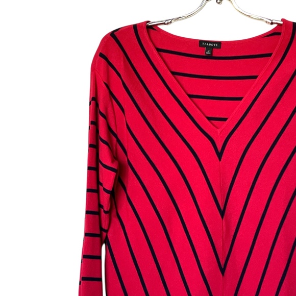 Talbots V-Neck Chevron Bias‎ Stripes Sweater Apple Red Black Size M - Picture 4 of 13
